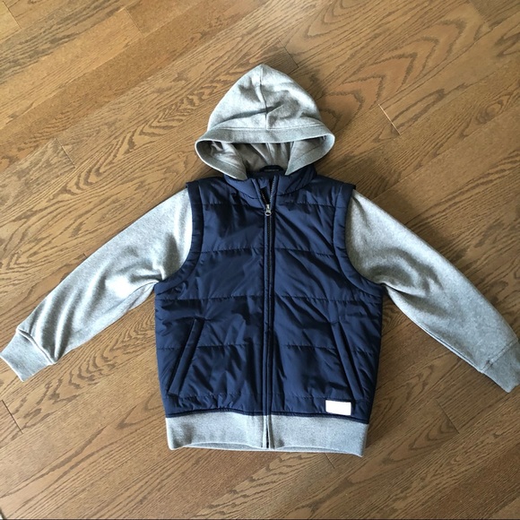 GAP Boys Jacket Puffer Vest Hoodie - 2 in 1 Fooler Zip Up Coat - Navy & Grey - Picture 2 of 7